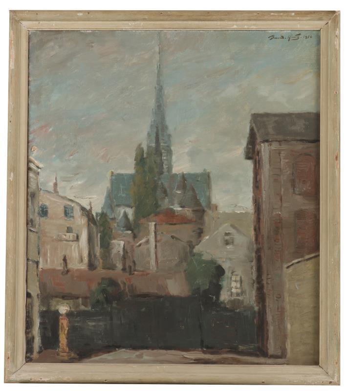 Bernard' Willem Theodoor Lutz (Rotterdam 1913 - 1975 Den Haag), 'Stadsgezicht Den Haag met de Grote Kerk', .