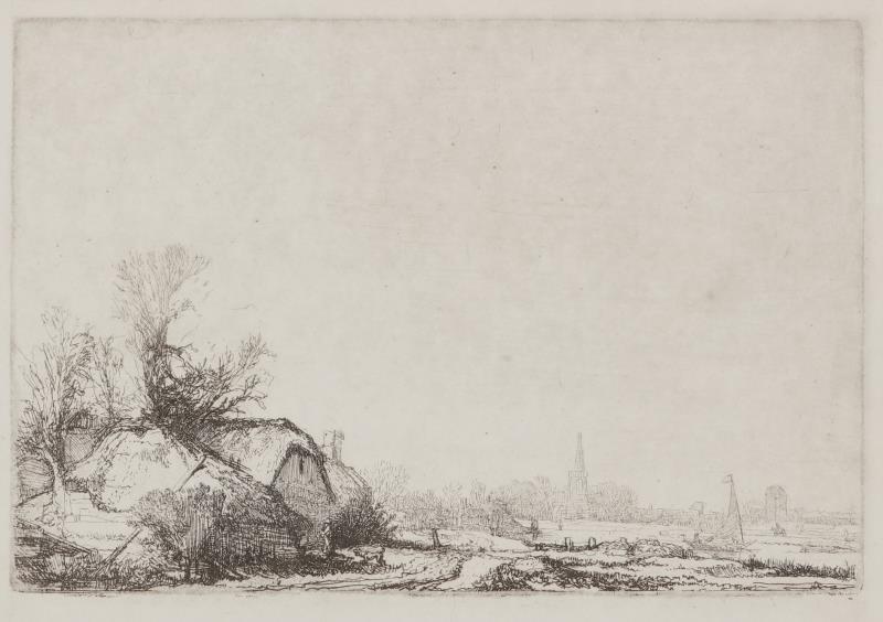 Naar Rembrandt Harmesz. Van Rijn (Leiden 1606 - 1669 Amsterdam), De omval, 1645, resp. Boerderijen aan een vaart: een gezicht op Ouderkerk aan de Amstel, ca 1641 (2x) .