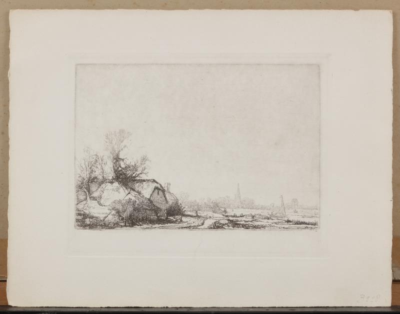 Naar Rembrandt Harmesz. Van Rijn (Leiden 1606 - 1669 Amsterdam), De omval, 1645, resp. Boerderijen aan een vaart: een gezicht op Ouderkerk aan de Amstel, ca 1641 (2x) .