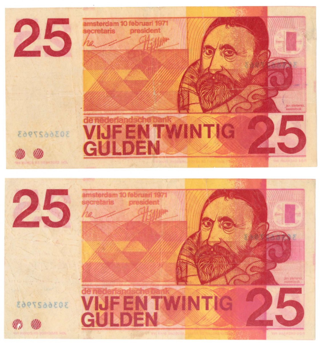 Nederland 2x 25 gulden Bankbiljet Type 1971 Sweelinck - Zeer Goed