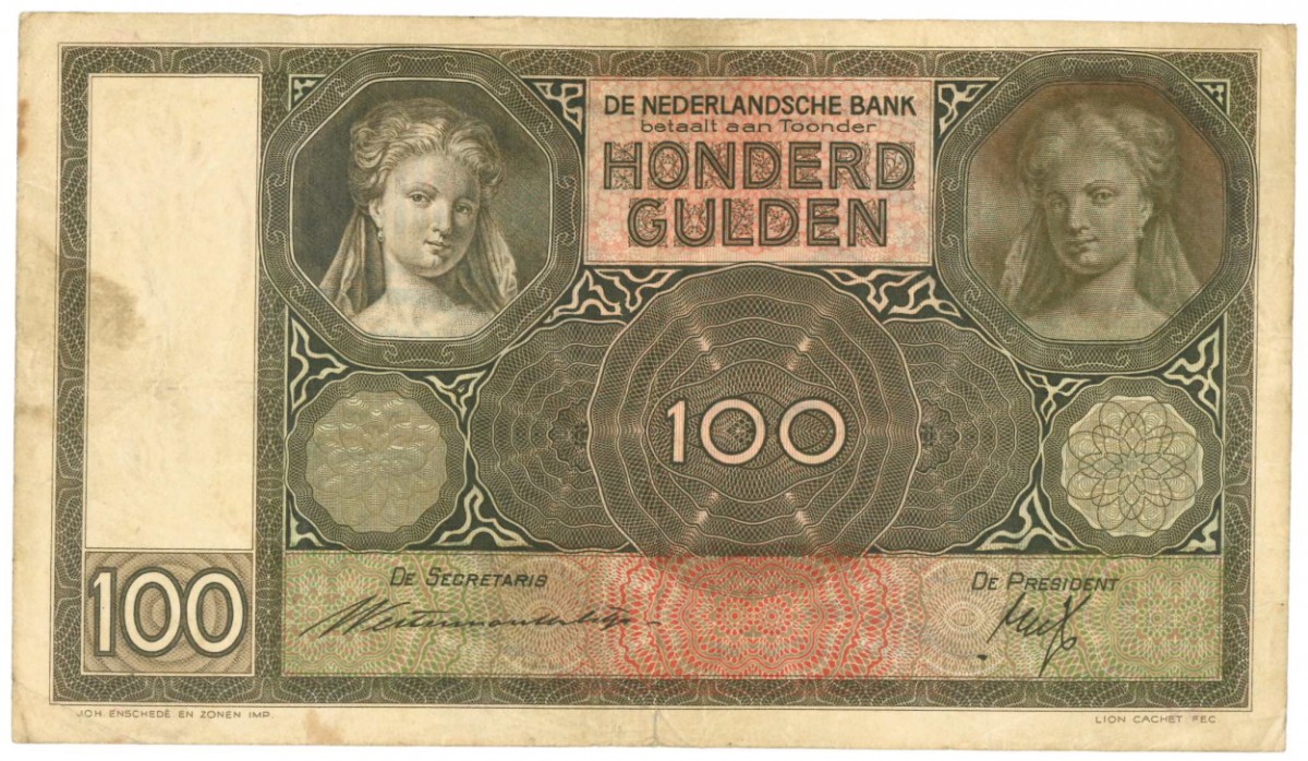 Nederland 100 gulden Bankbiljet Type 1930 Luitspelende vrouw - Fraai / Zeer Fraai