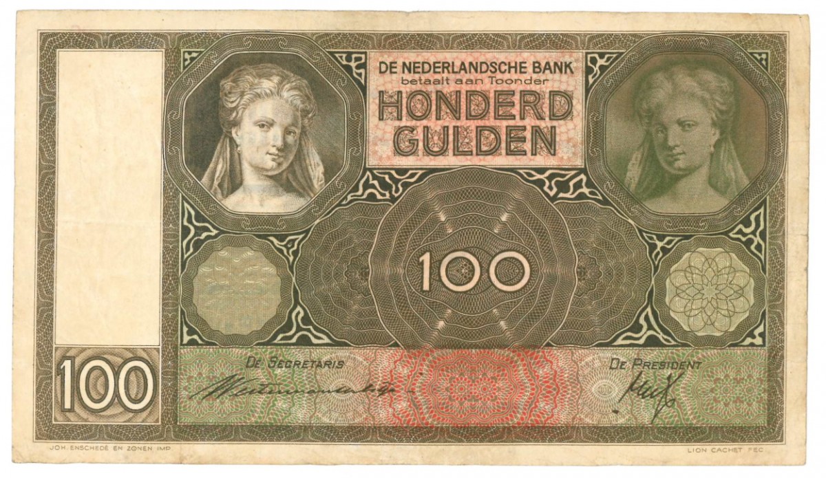 Nederland 100 gulden Bankbiljet Type 1930 Luitspelende vrouw - Zeer Fraai -