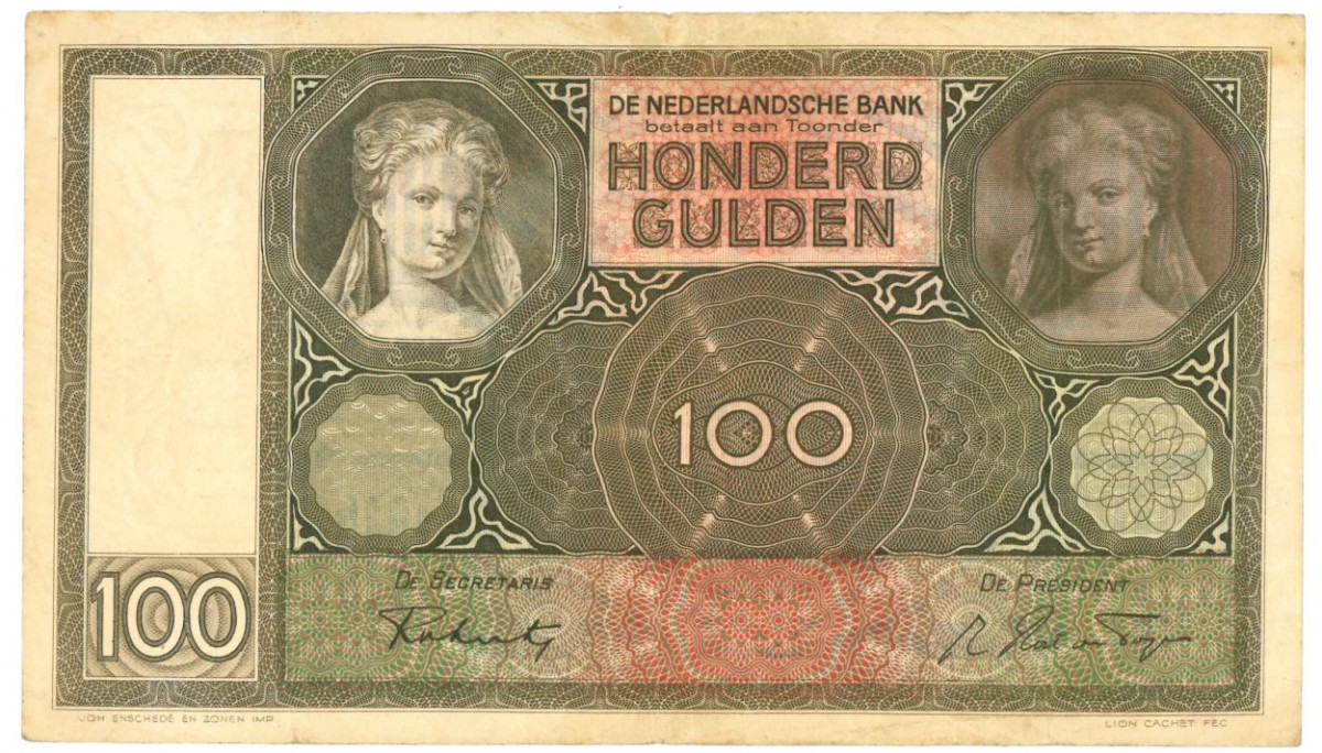 Nederland 100 gulden Bankbiljet Type 1930 Luitspelende vrouw - Zeer Fraai -