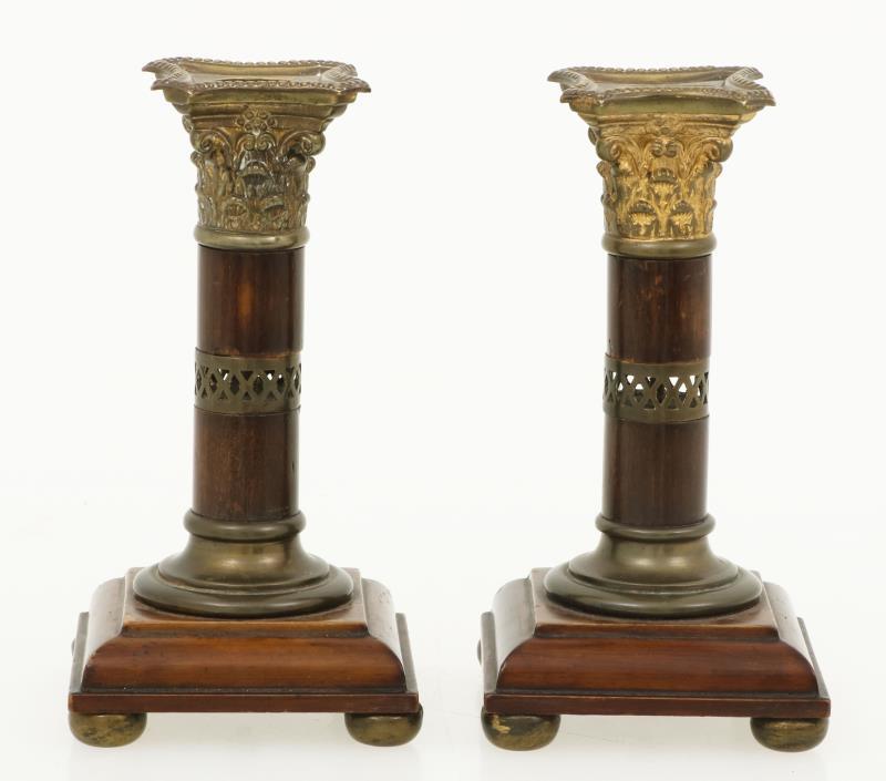 A set with (2) Empire-style candles, mahony and copper, ca. 1900.