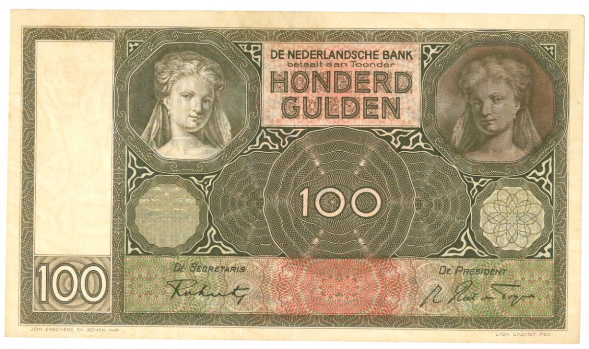 Nederland 100 gulden Bankbiljet Type 1930 Luitspelende vrouw - Zeer Fraai / Prachtig