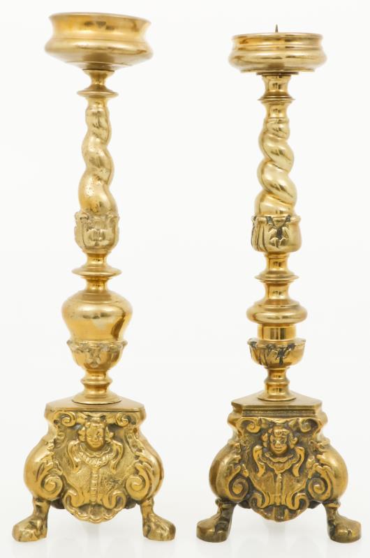 Set with (2) large copper pricket candles, Dutch, 19th century.
