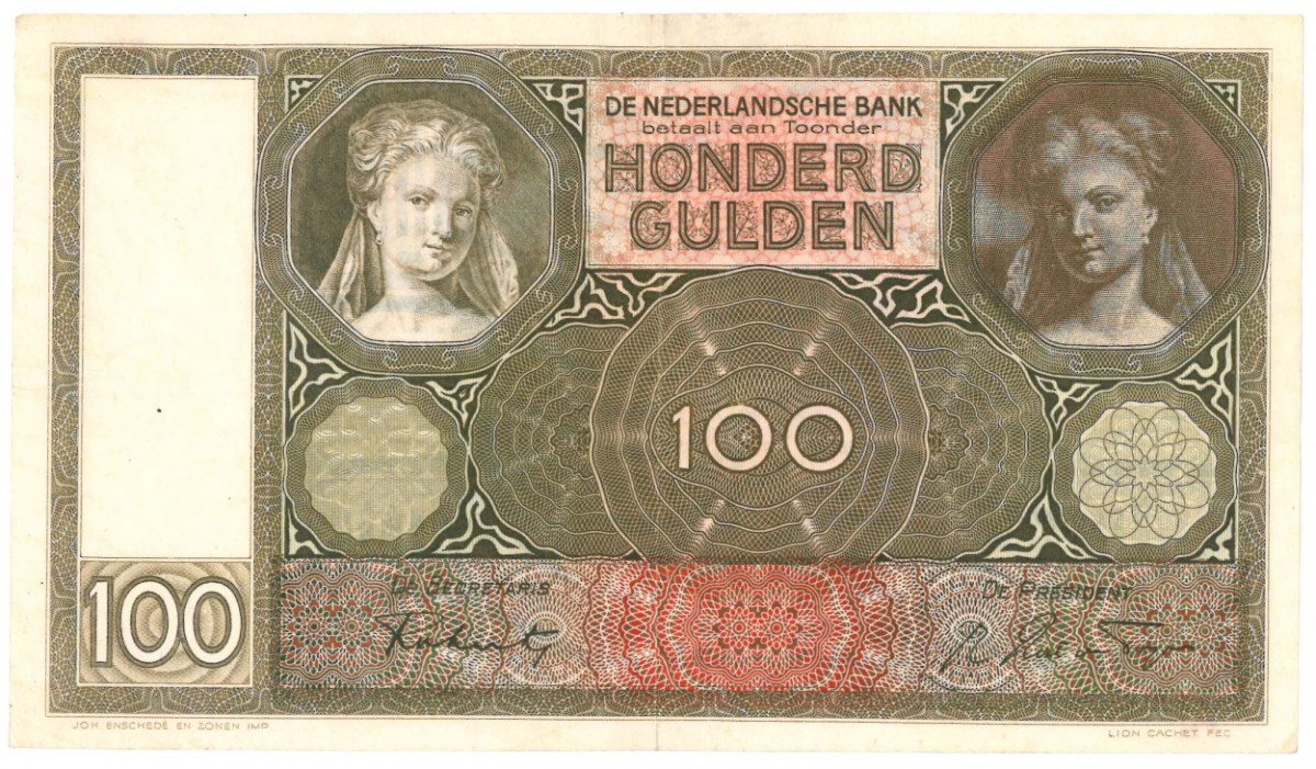 Nederland 100 gulden Bankbiljet Type 1930 Luitspelende vrouw - Zeer Fraai +