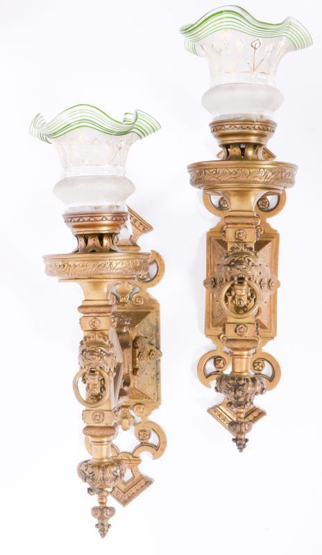 A set with (2) bronze wall gas lamps, electric mount, with glass shades, ca. 1900.