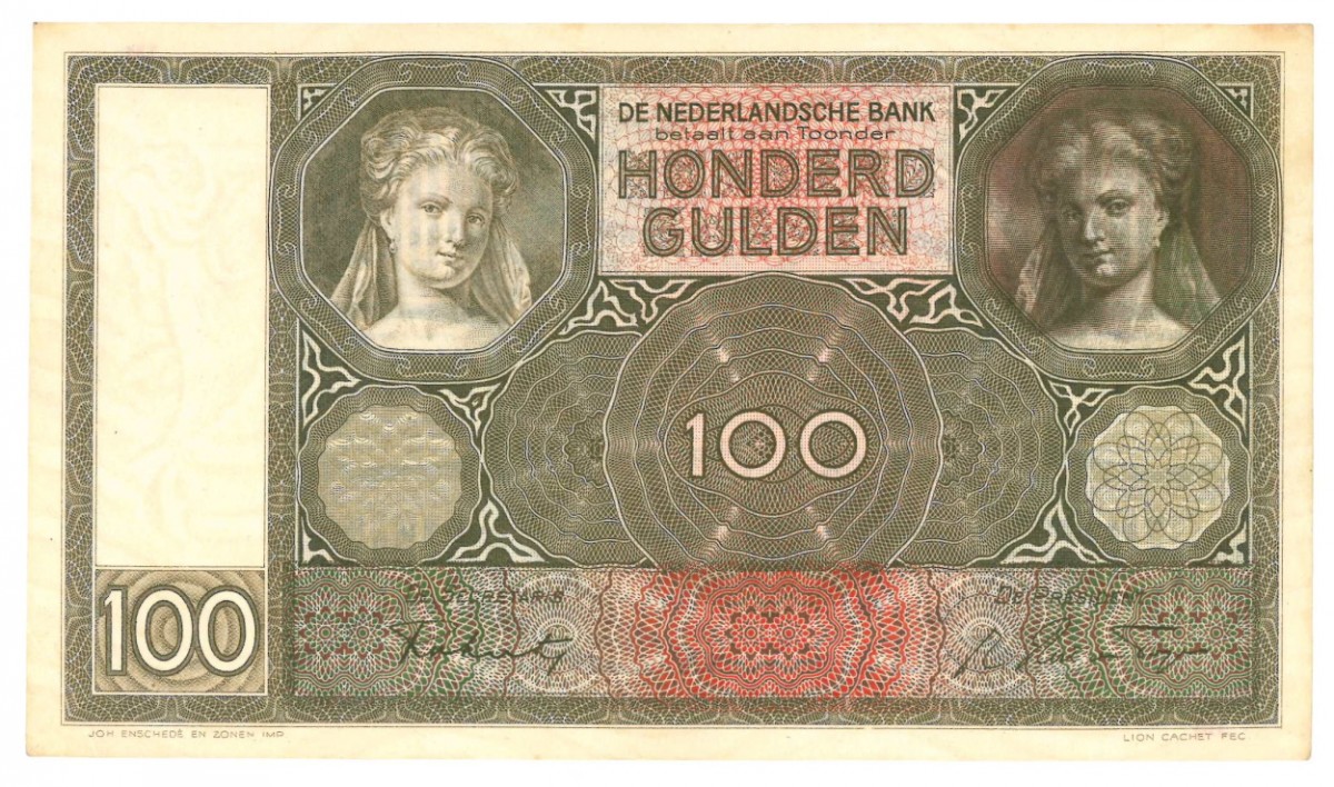 Nederland 100 gulden Bankbiljet Type 1930 Luitspelende vrouw - Prachtig +
