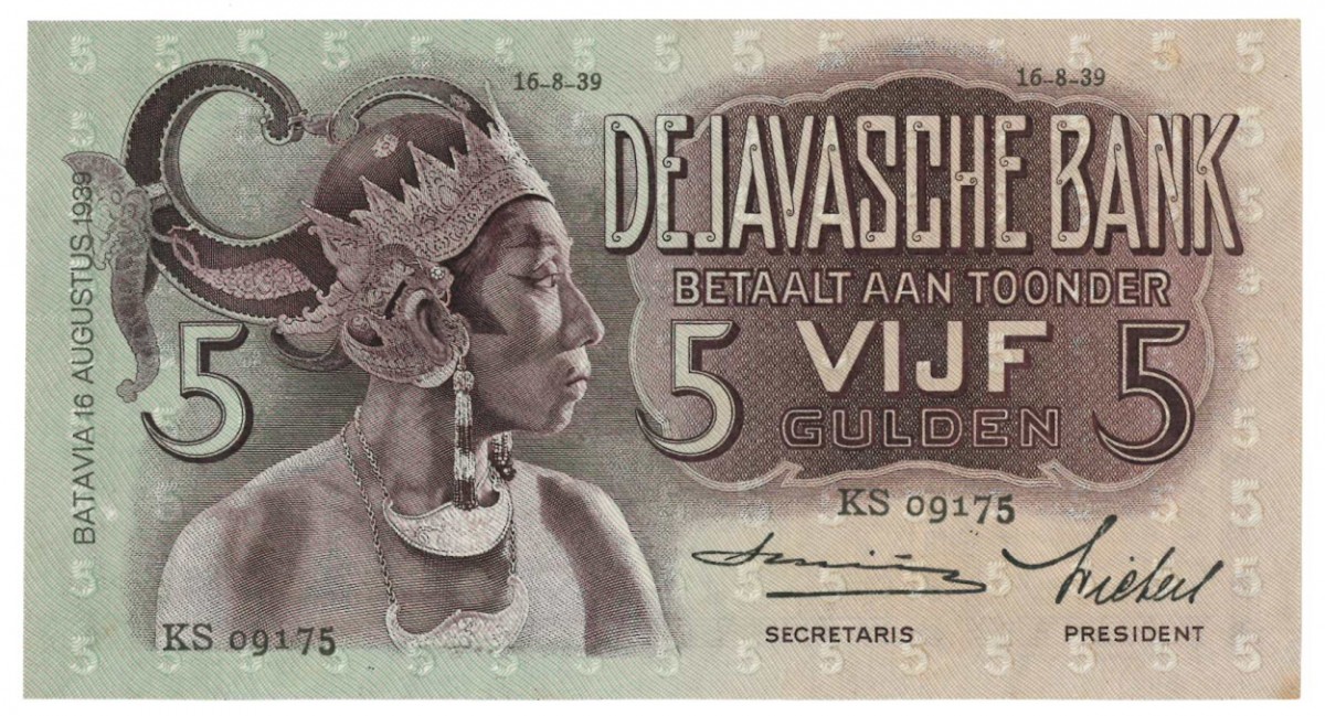 Netherlands-Indies 5 gulden Banknote Type 1933 Javanese Dancers - About UNC