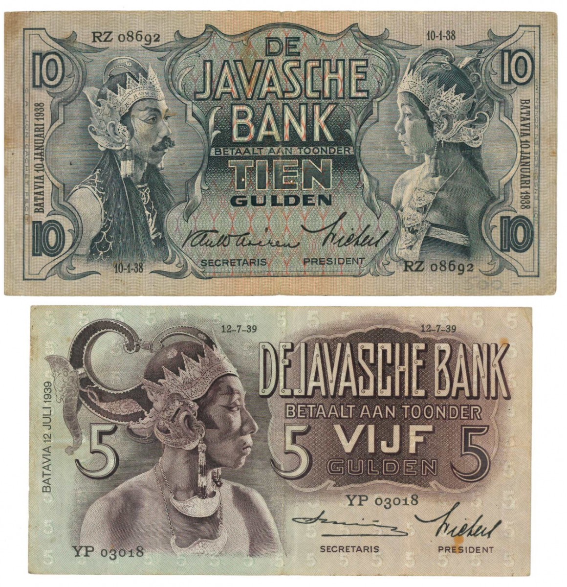 Netherlands-Indies.  5 and 10 gulden. Banknote.  Type 1933. Javanese Dansers. - Fine / Very fine.