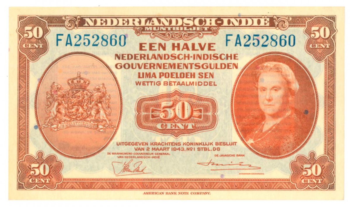 Netherlands-Indies ½ gulden Banknote Type 1943 Wilhelmina II - About UNC