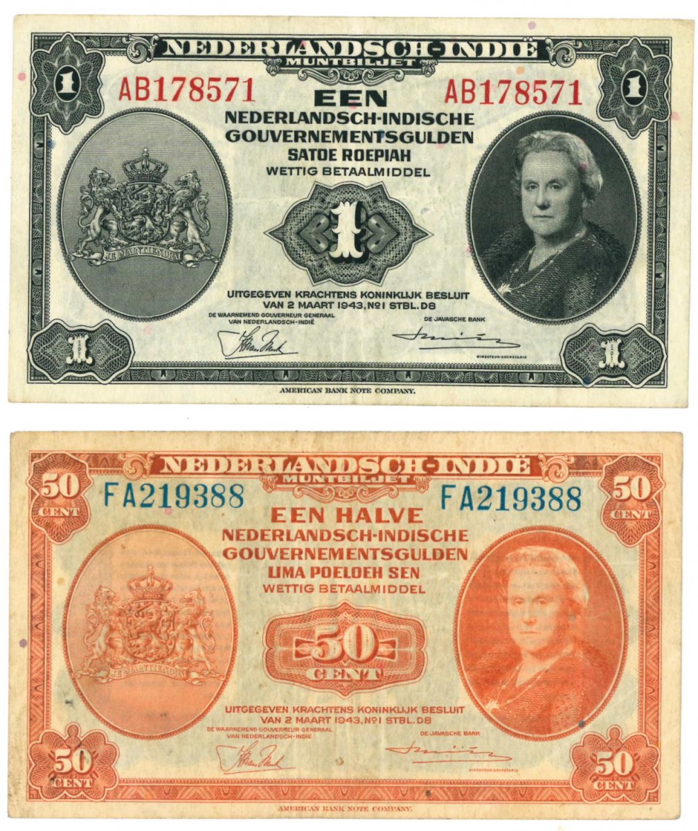 Netherlands-Indies ½ and 1 gulden Banknote Type 1943 Wilhelmina II - Fine / Very fine