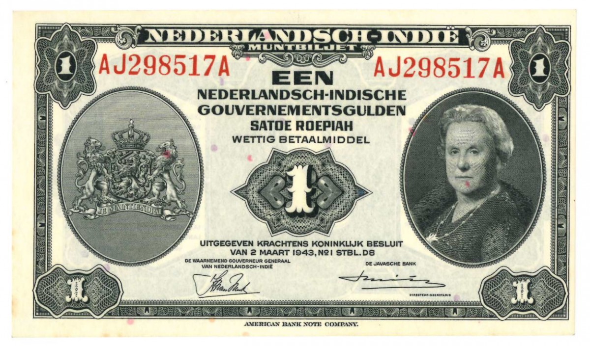 Netherlands-Indies 1 gulden Banknote Type 1943 Wilhelmina II - About UNC