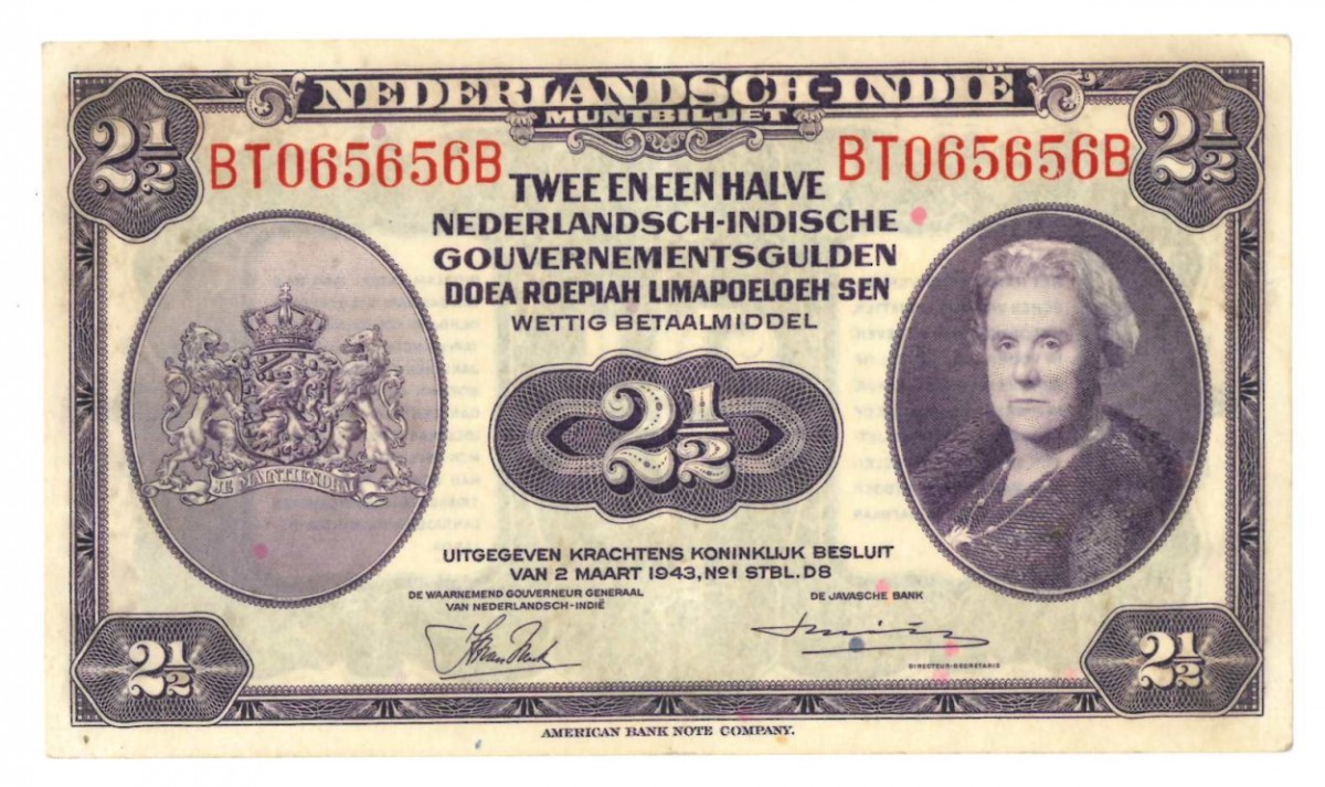 Netherlands-Indies 2½ gulden Banknote Type 1943 Wilhelmina II - Extremely fine