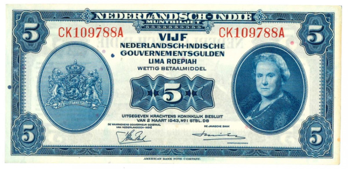 Netherlands-Indies 5 gulden Banknote Type 1943 Wilhelmina II - Extremely fine