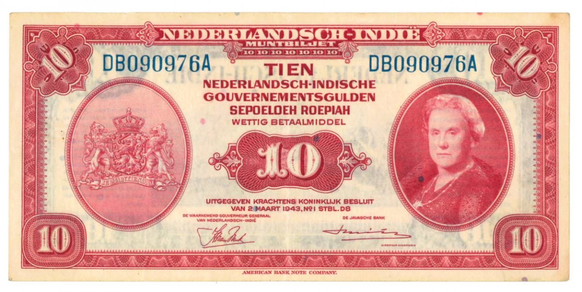 Netherlands-Indies 10 gulden Banknote Type 1943 Wilhelmina II - Very fine +