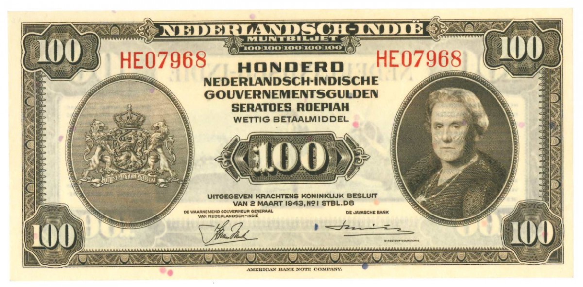 Netherlands-Indies 100 gulden Banknote Type 1943 Wilhelmina II - About UNC