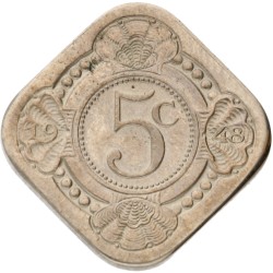 5 Cent - Met gepolijste stempel geslagen. Curaçao. Wilhelmina. 1948. PF 65.