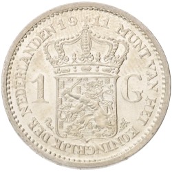 1 Gulden. Wilhelmina. 1911. AU 58.