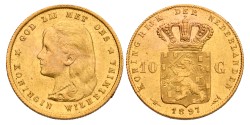 10 Gulden - Dubbelslag op vz. Wilhelmina. 1897. MS 64.