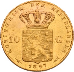 10 Gulden - Dubbelslag op vz. Wilhelmina. 1897. MS 64.