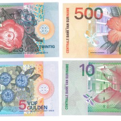 Suriname 5, 10, 25and 500 gulden Banknote Type 2000 - About UNC