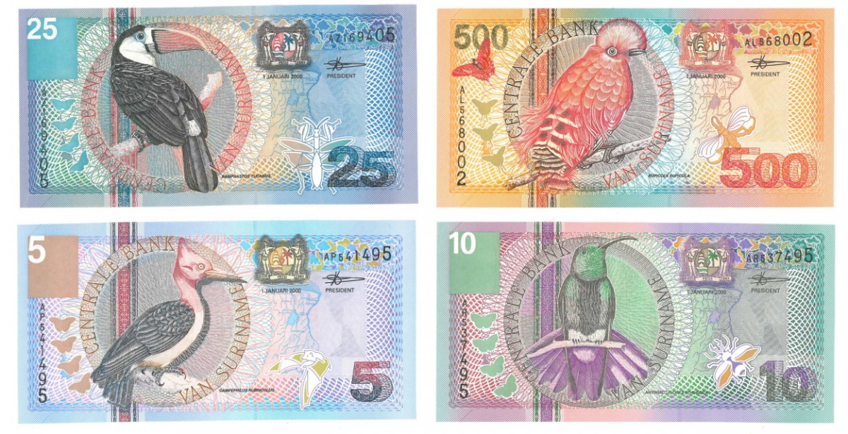 Suriname 5, 10, 25and 500 gulden Banknote Type 2000 - About UNC