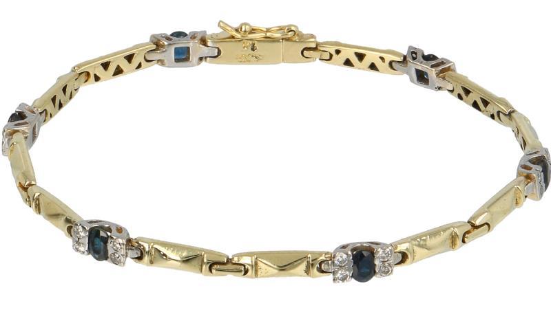 Schakel armband geelgoud, ca. 0,48 ct. diamant en saffier - 14 kt.