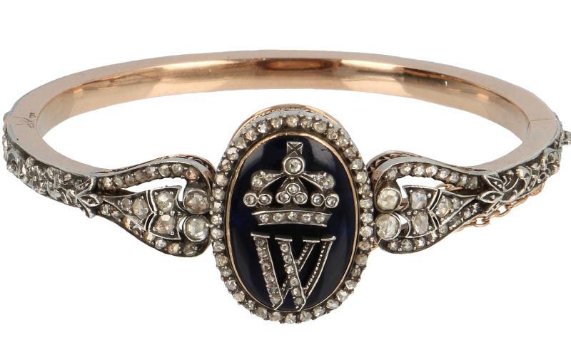 Antieke slaven armband rosegoud/zilver, ca. 1,46 ct. diamant en blauwe emaille - 14 kt. en 835/1000.