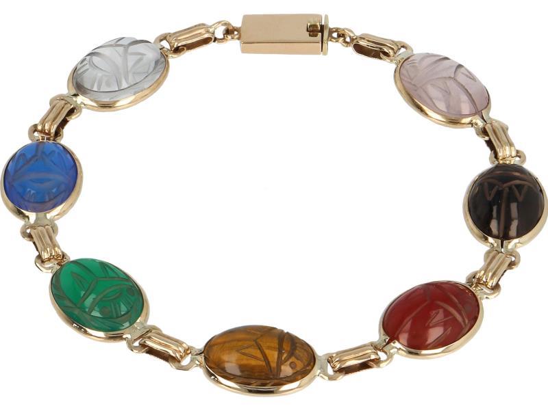 Schakel armband geelgoud, gesneden rozenkwarts, gesneden onyx, gesneden carneool, gesneden valkenoog, gesneden witte agaat, gesneden groene agaat, gesneden blauwe agaat - 14 kt.