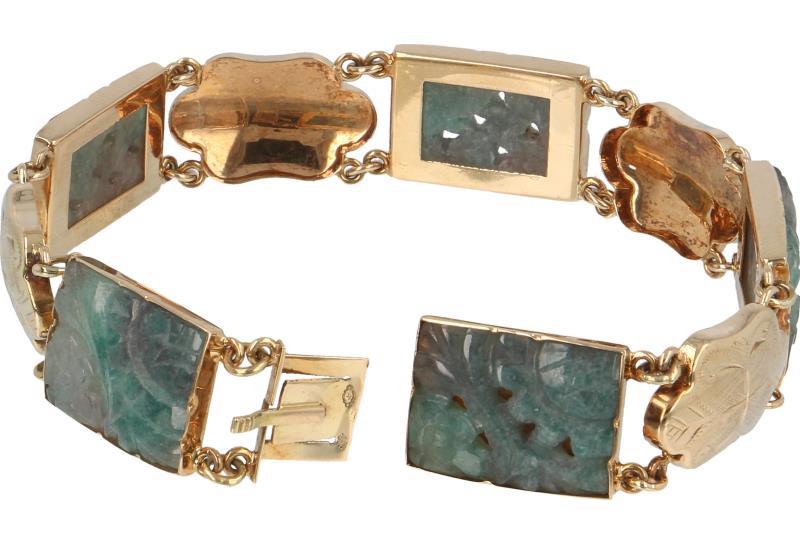 Vintage armband geelgoud, gesneden jade - 14 kt.