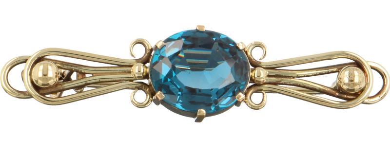 Vintage broche geelgoud, blauwe topaas - 14 kt.