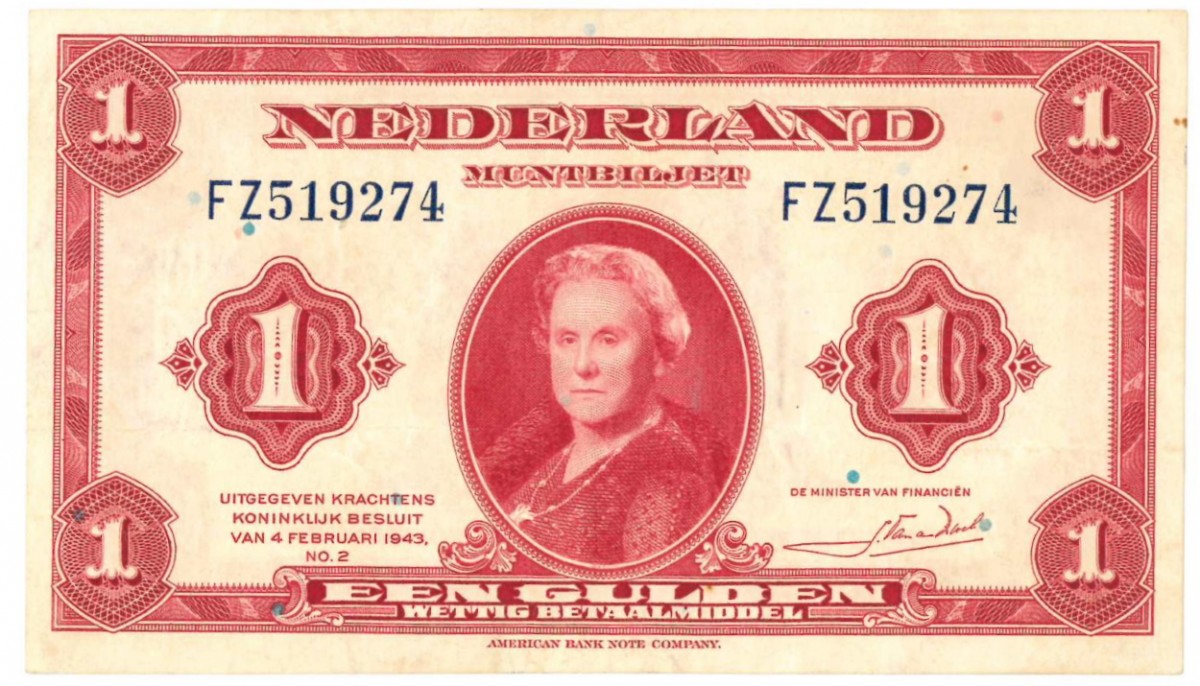 Nederland 1 gulden Muntbiljet Type 1943 Wilhelmina - Zeer Fraai +