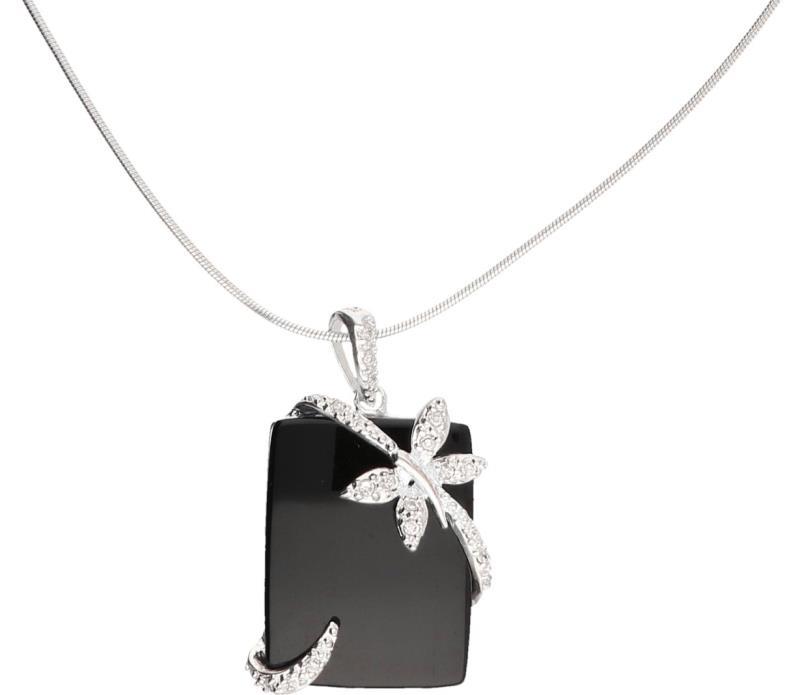 Slangen collier met hanger zilver, ca. 0,21 ct. diamant en onyx - 925/1000.