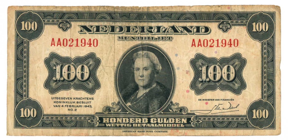 Nederland 100 gulden Muntbiljet Type 1943 Wilhelmina - Fraai