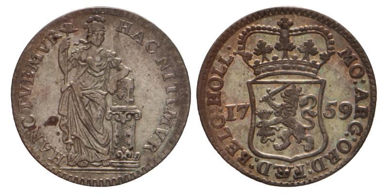 Muntmeesterpenning Holland 1759. Zeer Fraai / Prachtig.