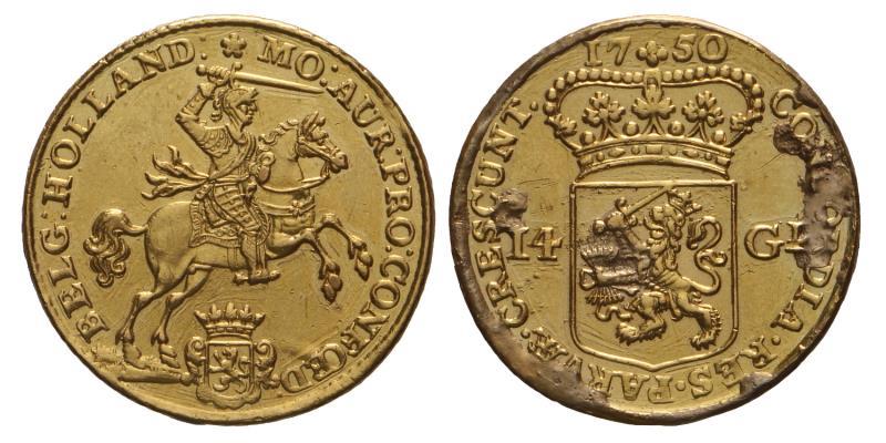 14 gulden of gouden rijder Holland 1750 montage. Zeer Fraai / Prachtig.