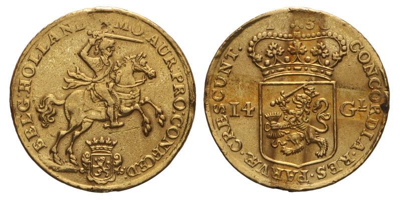 14 gulden of gouden rijder Holland 1750 montage. Zeer Fraai.
