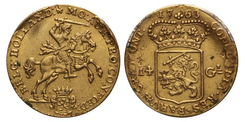 14 gulden of gouden rijder Holland 1763 montage. Zeer Fraai +.