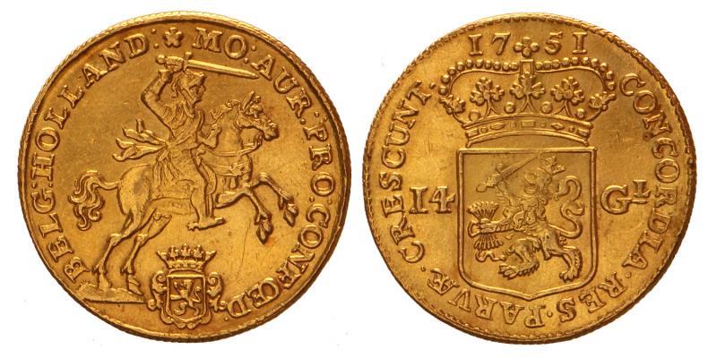 14 gulden of gouden rijder Holland 1751. Zeer Fraai / Prachtig.