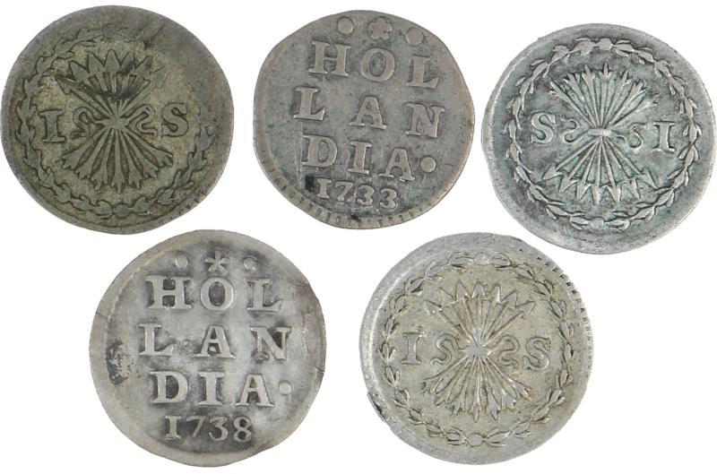 Lot 5x 1 stuiver Holland 1733, 1738, 1739 (2x), 1764. varieert van Fraai tot Zeer Fraai / Prachtig.