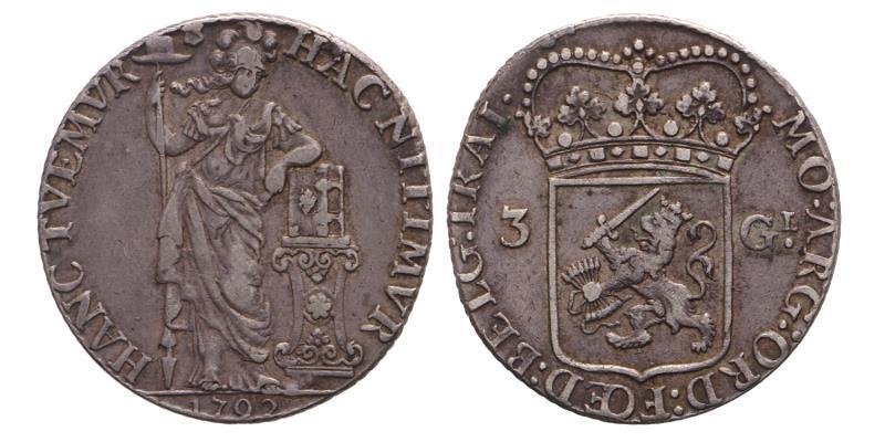 3 gulden Utrecht 1792. Zeer Fraai.