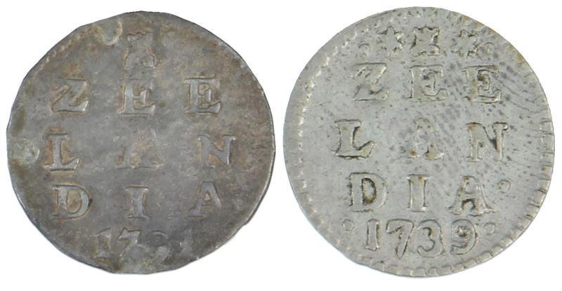 Lot 2x pijl- of bezemstuiver Zeeland 1739 en 1791. Varieert tussen Fraai / Zeer Fraai en Zeer Fraai.
