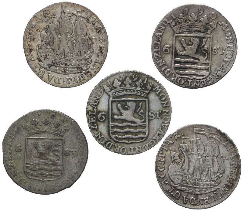 Lot 5 stuks van 6 stuiver Zeeland 1x 1778, 1x onbekend, 1x 1790, 1x 1791, 1x 1793, Zeer Fraai.