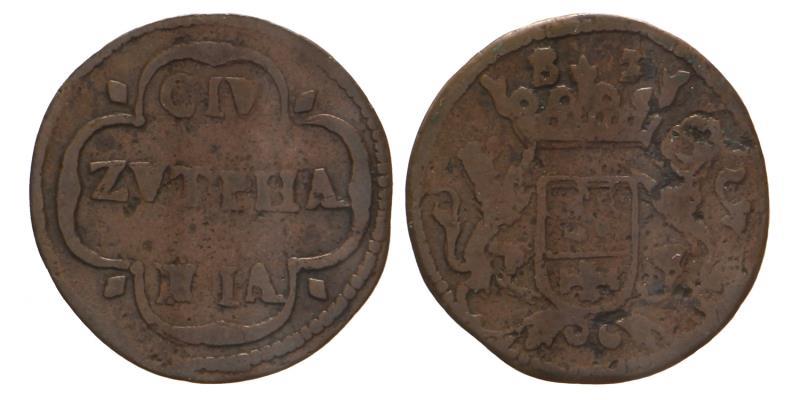 Duit Zutphen 1687. Fraai / Zeer Fraai.