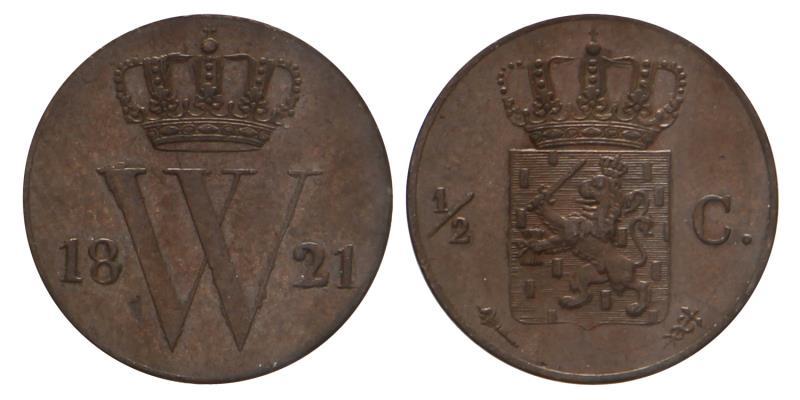 ½ cent Willem I 1821 U. Prachtig.