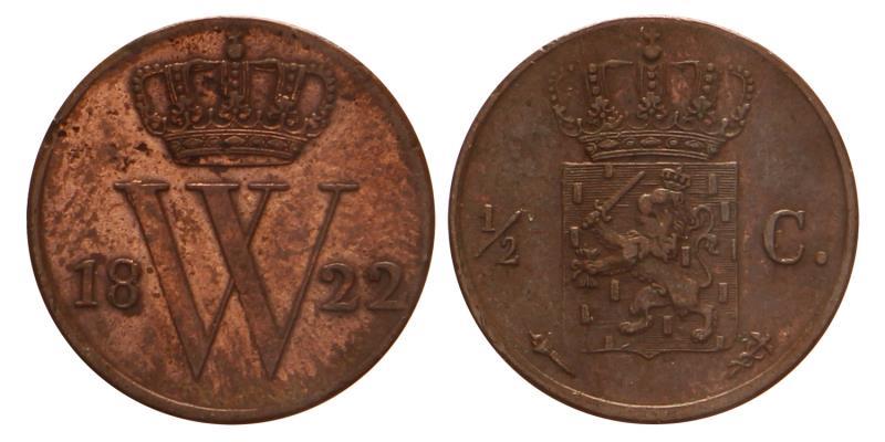 ½ cent Willem I 1822 U. Prachtig.