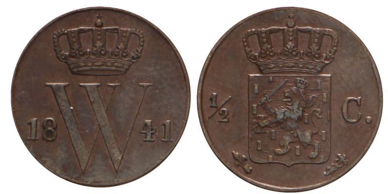 ½ cent Willem II 1841. Prachtig +.