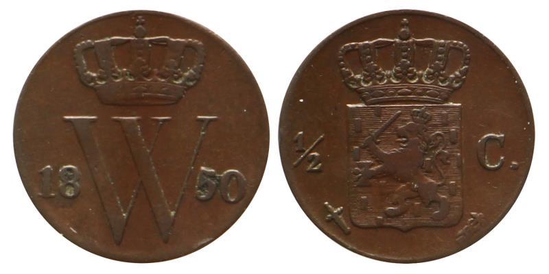 ½ cent Willem III 1850. Zeer Fraai.